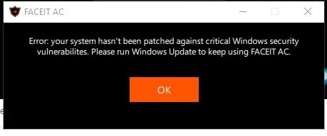 Time to update it has been. Ошибка FACEIT Anti Cheat. Ошикаб айнти чит фейсита. Ошибка фейсит античит Error your System hasn t been Patched. Ошибка фейсит с виндовс.