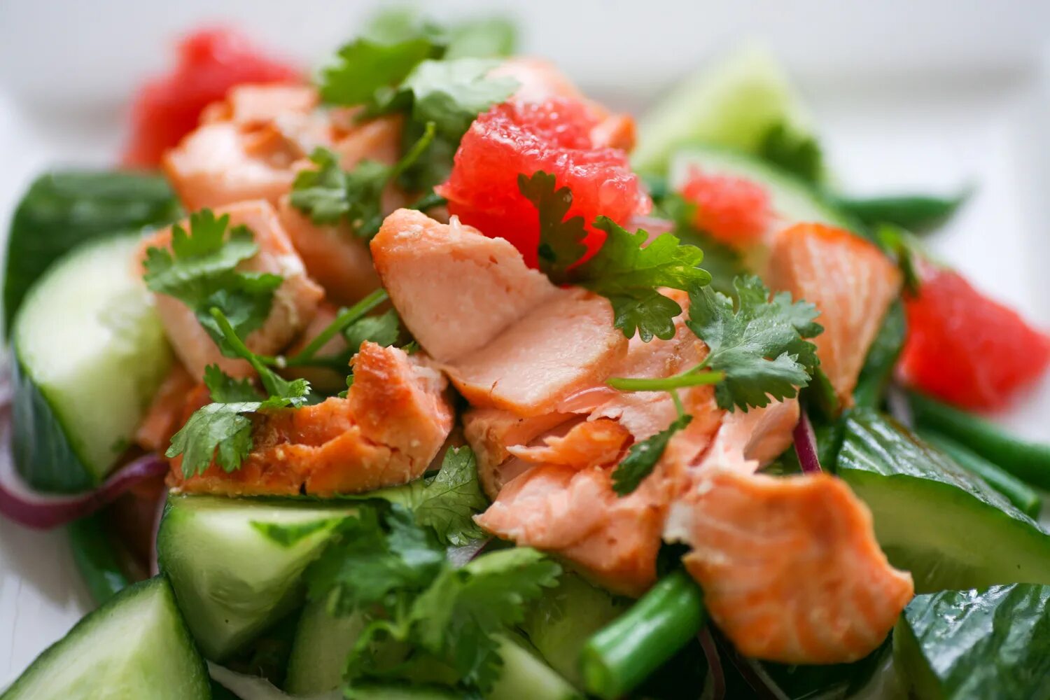 Салат с рыбой и свежими огурцами. Овощной салат с семгой. Рыба с овощным салатом. Салат с сёмгой и огурцом. Салат с семгой и свежими овощами.