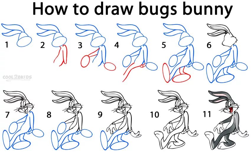Багз Банни рисунок пошагово. Лёгкие рисунки. Нарисовать Багз Банни поэтапно. Рисование кролика поэтапно. Draw неправильный