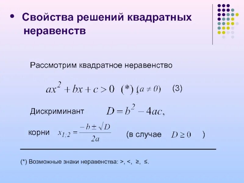 Решение неравенства любое число. Квадратные уравнения неравенст. Решение неравенств квадратных уравнений. Неравенства с дискриминантом. Квадратные неравенства формулы.