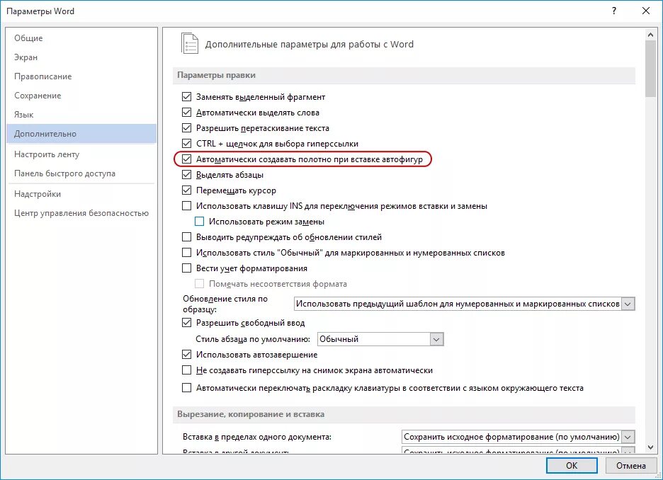 Параметры ворд. Дополнительные параметры ворд. Дополнительные параметры для работы с Word. Параметры вставки в Ворде.