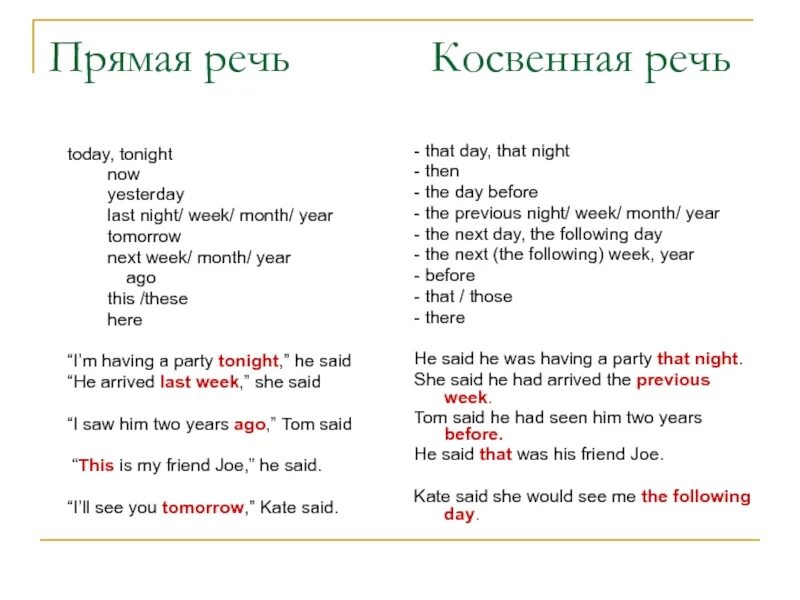 Next to speech. Last week в косвенной речи. Last year в косвенной речи. Last year в косвенной речи меняется на. Tonight в косвенной речи меняется на.