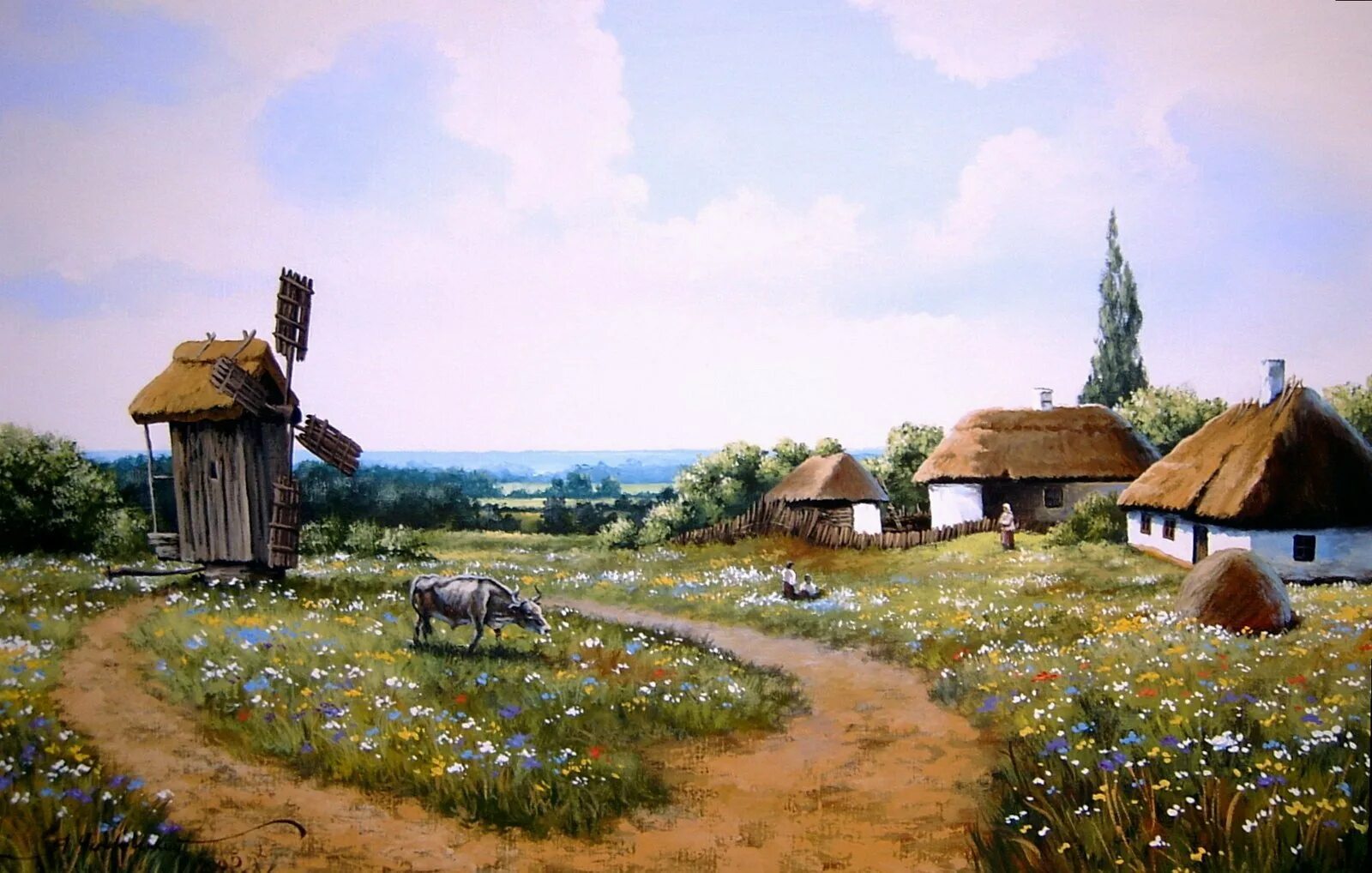 Деревня хуторок. Украинский пейзаж. Хуторок жизнь в селе. Казачья хата курень. Украинская хата мазанка подсолнухи, мальвы.