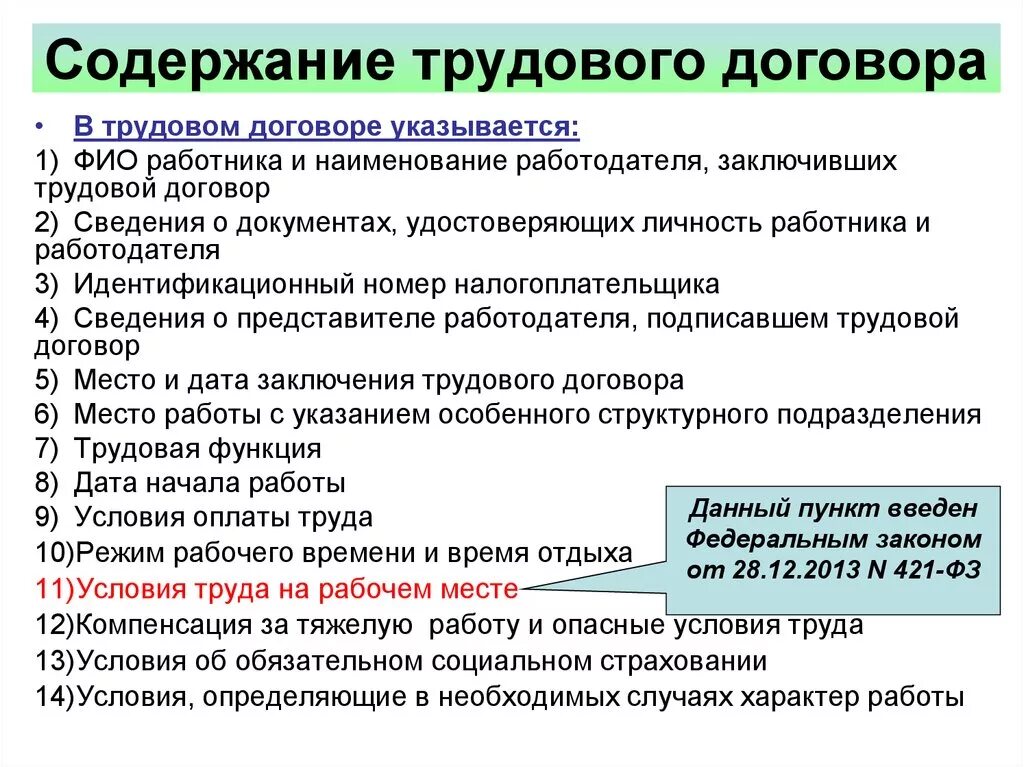 Основные пункты трудового договора. Модержаниетрудового договора. Содержание трудового договора. Условия содержания трудового договора.