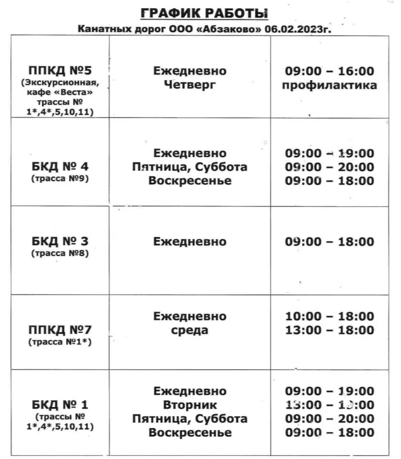 График работы канатной дороги