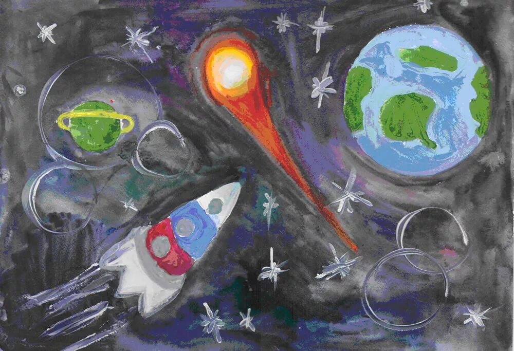 Рисунок ко дню космонавтики 2 класс. Рисунок на космическую тему. рисунок ко дню космонавтики. рисование на тему космос. рисование для детей космос.