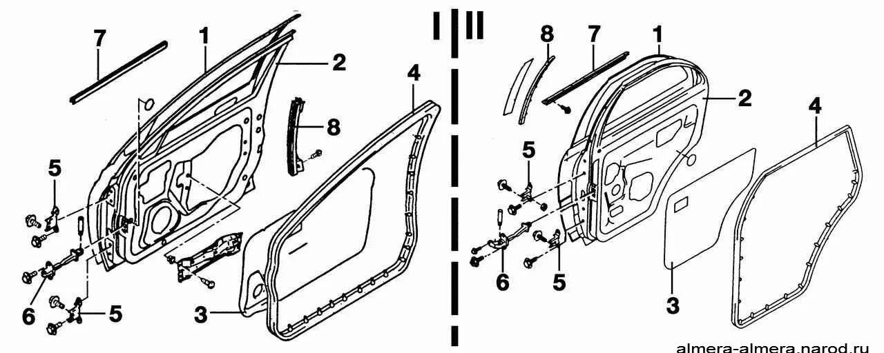 Схема переднего стеклоподъемника Nissan Almera Classic. Схема передней двери Ниссан Альмера Классик. Схема задней двери Ниссан Альмера Классик. Схема двери Ниссан Альмера Классик.