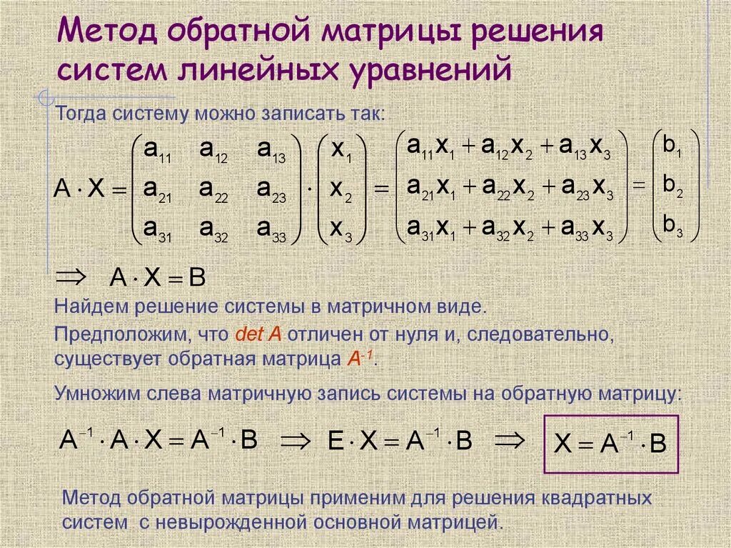 Метод обратной матрицы для решения систем линейных уравнений. Метод обратной матрицы алгоритм решения. Решение системы уравнений методом обратной матрицы. Решение Слау методом обратной матрицы.