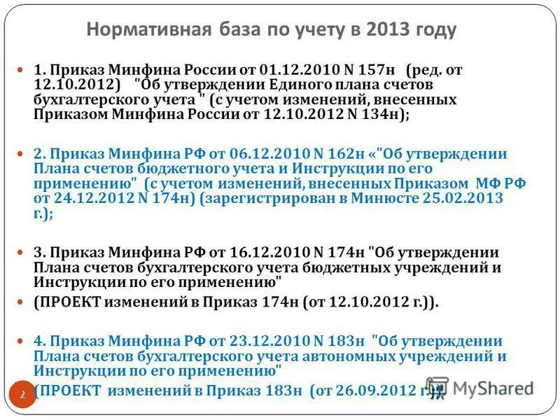 Приказ Минфина России от 01.12.2010 157н. Инструкция 157н. Нормативная база Министерства финансов РФ.