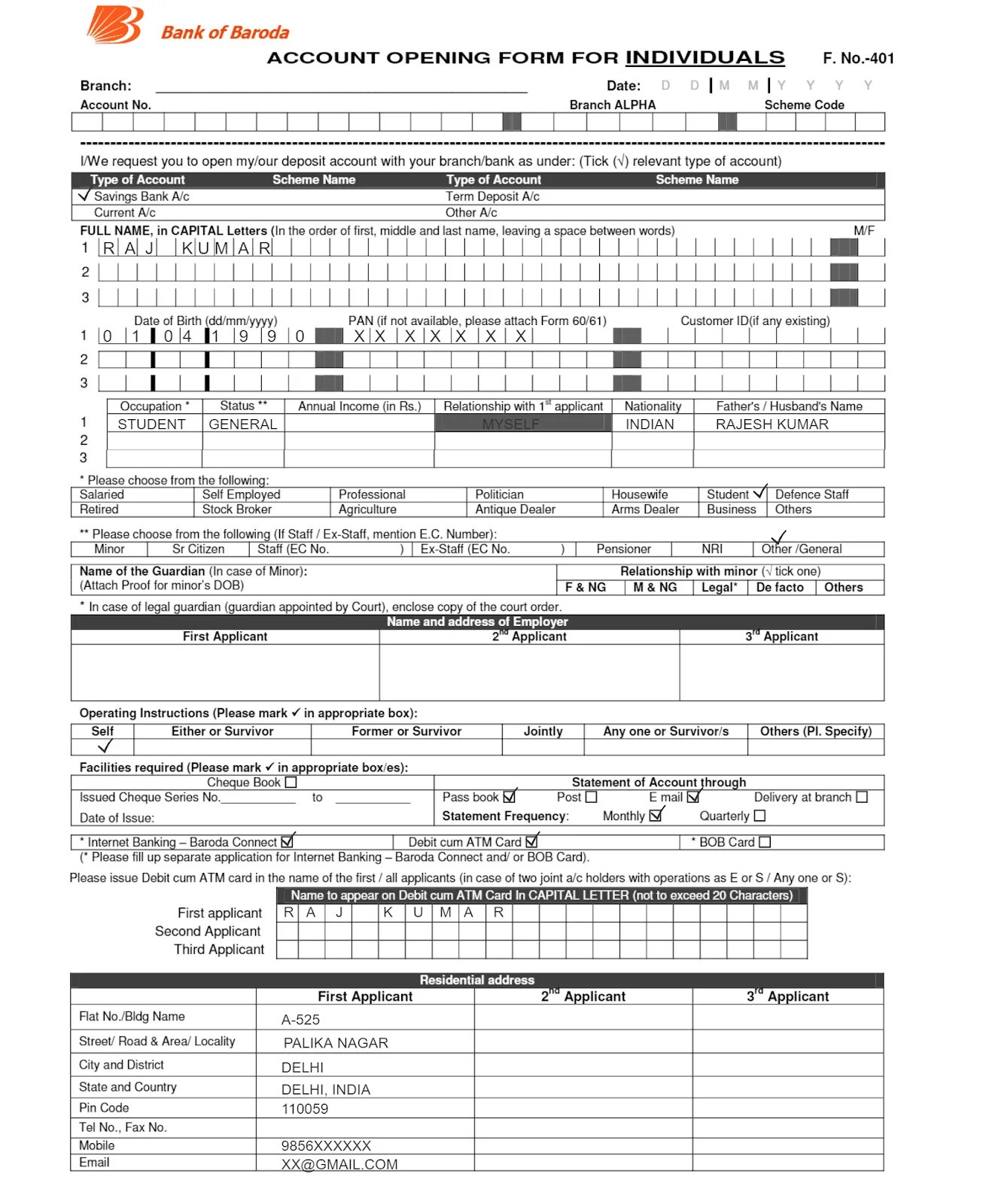 Opening a bank account. City Bank account application form. Bank of Baroda. Open a Bank account form.