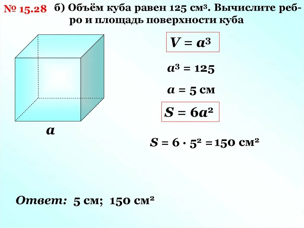 Объем куба с ребром 5 равен