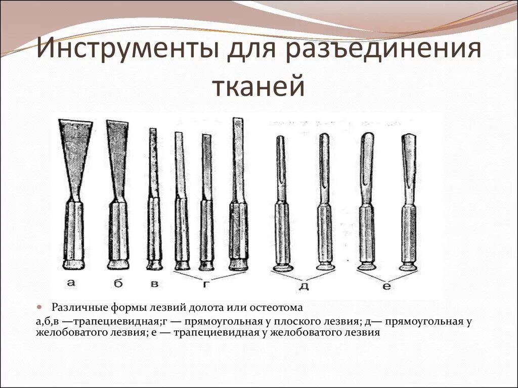 Инструменты для разъединения тканей долото. Хирургические инструменты для разъединения тканей с названиями. К инструментам разъединяющих ткани относятся:. Инструменты для разъединения костной ткани.