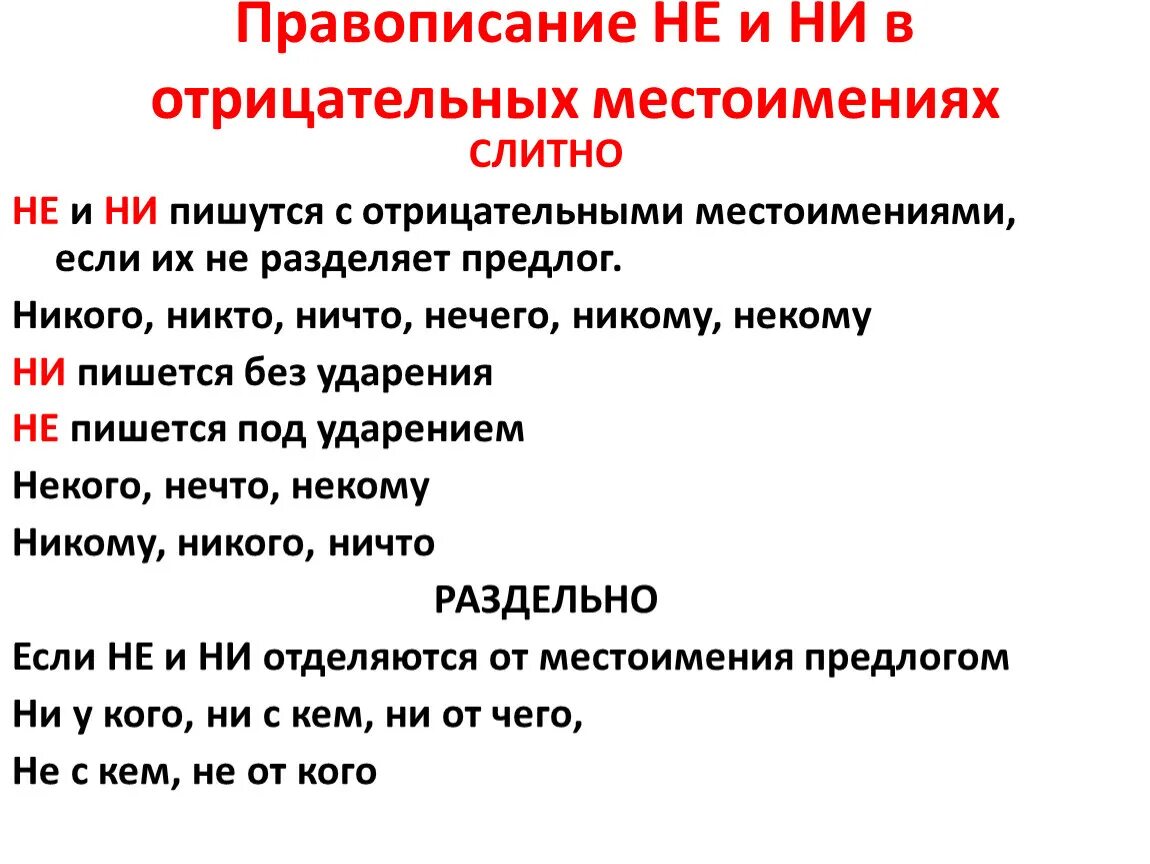 Слитное и раздельное написание отрицательных местоимений. Слитное и раздельное написание не и ни в отрицательных местоимениях. Раздельное написание не и ни в отрицательных местоимениях. Слитное и раздельное написание не в отрицательных местоимениях. Правописание приставок местоимений