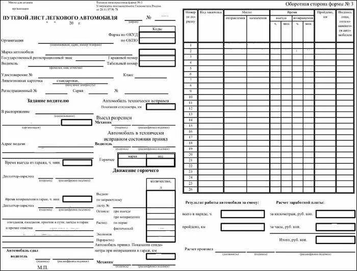 Путевой лист легкового автомобиля бланк 2024 года