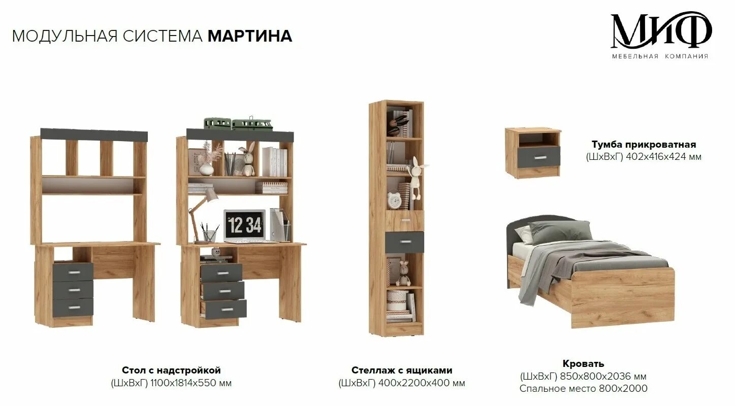 Компьютерный стол фабрика миф. Гостиная мини графит дуб крафт. кровать мартина графит. стенка белла графит/дуб крафт (миф).