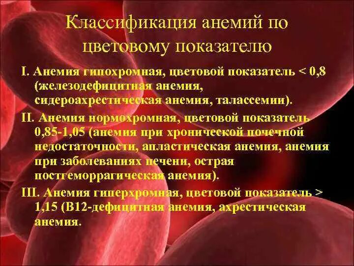 Анемия цветной показатель. В12 дефицитная анемия нормохромная. В12 анемия гипохромная. Классификация анемий по цветовому показателю. Цветовой показатель при железодефицитной анемии.