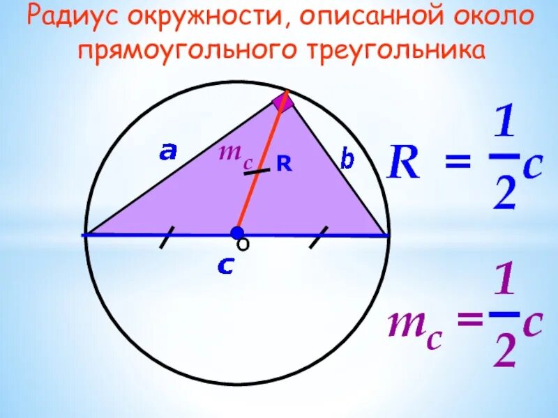 Радиус описанной около треугольника окружности через сторону. Радиус описанной окружности около прямоугольного треугольника. Радиус окружности описан около прямоугольного тре. Центр окружности описанной около прямоугольного треугольника. Радиус окружности описанной около прямого треугольника.