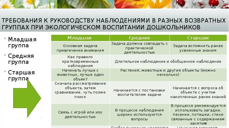 Группы методов руководства. Наблюдение в разных возрастных группах. Методика проведения экскурсий и наблюдений в ДОУ. Методика проведения наблюдений в разных группах. Виды наблюдений в экологическом образовании.