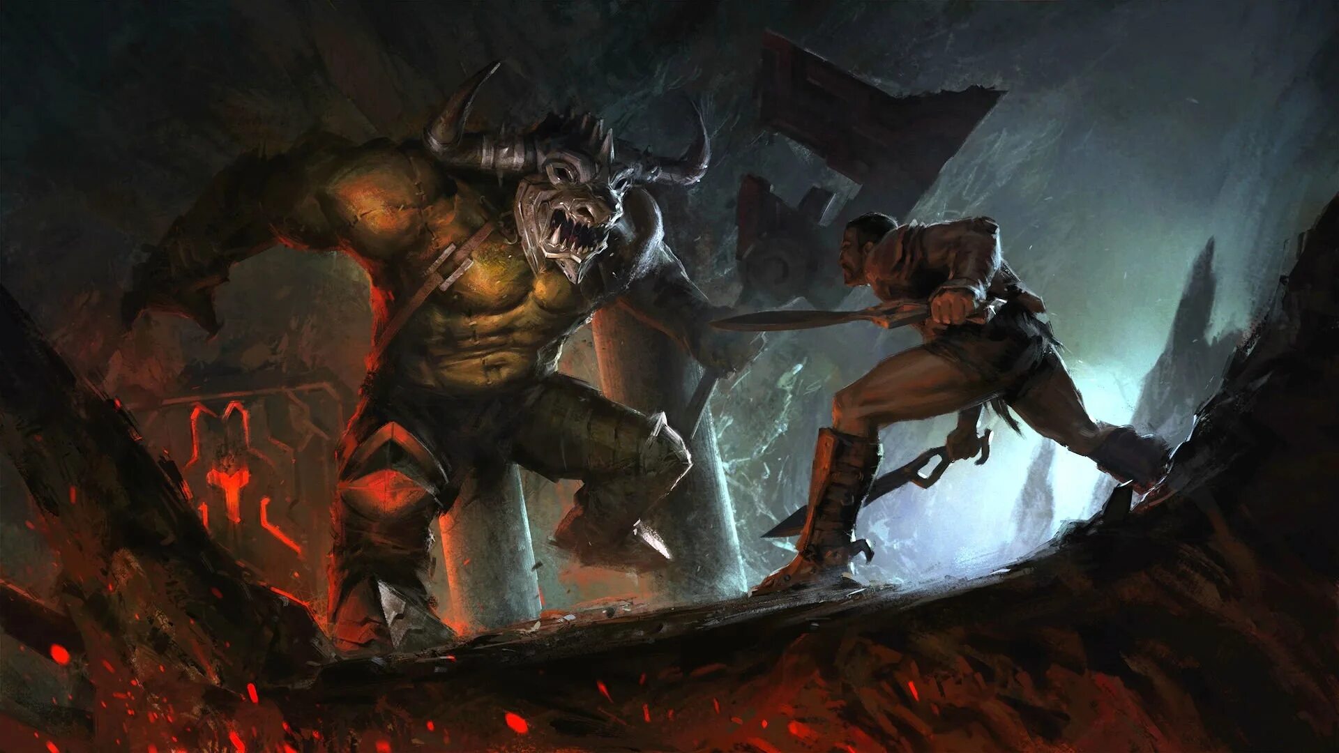 Воин против чудовища. Эпические арты. Герой сражающийся с монстром. The elder scrolls монстры. Титан колосс великан исполин.