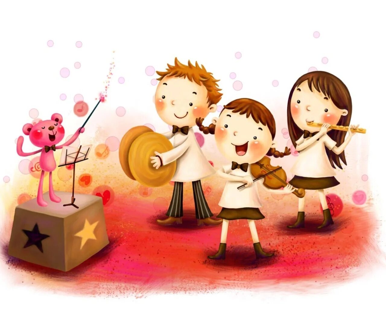Нарисованные дети. Рисунки для детей. Оркестр для детей в детском саду. Дети поют и танцуют.