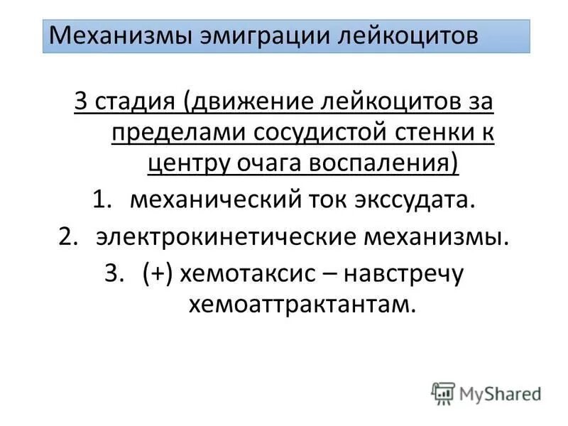 механизмы эмиграции лейкоцитов в очаг воспаления