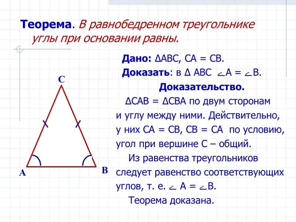Углы при основании равнобедренного треугольника равны теорема. Доказательство теоремы равнобедренного треугольника. Доказательство равнобедренного треугольника 7 класс. Теорема равноберенногго тре. Доказать теорему равнобедренного треугольника 7 класс.
