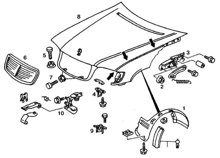 Как открыть передний капот. Мерседес 210 кузов трос капота схема. Замок капота w202 схема. Держатель троса капота Мерседес 124. Клипсы под капот на Мерседес w140.