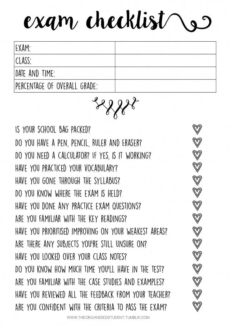 Exams list. Exam checklist. exam list. examination list. student exam checklist.