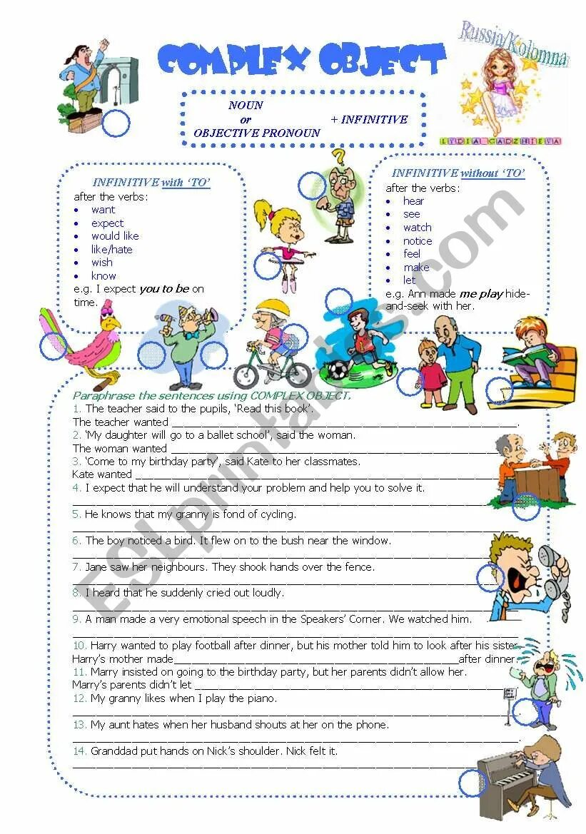 Complete the sentences using complex object. Комплекс обджект упражнения. комплекс обджект в английском языке. задания на комплекс обджект в английском языке. упражнения на complex sentences.