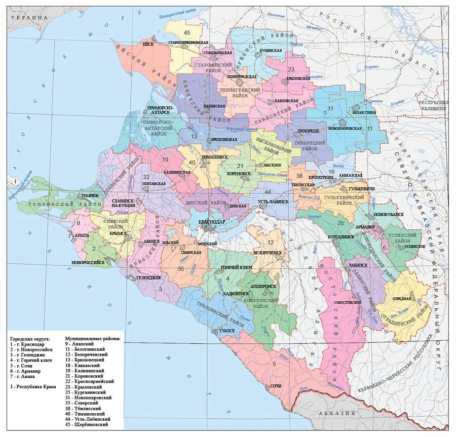 Карта Краснодарского края с районами. Карта Краснодарского края по районам подробная. Административная карта Краснодарского края по районам. Карта Краснодарского края с городами.