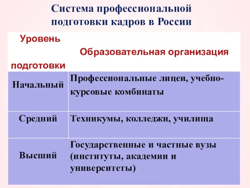 Проф системы. Система профессиональной подготовки кадров таблица. Система профессиональной подготовки кадров уровни подготовки. Система профессиональной подготовки кадров в РФ уровни. Таблица 11 система профессиональной подготовки кадров.