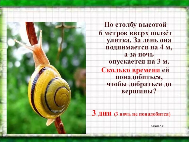 Улитка решение. Улитка ползет по столбу. Улитка ползёт вверх по столбу высотой 10 метров. Улитка ползет на столб высотой 10 метров. Улитка ползет вверх.