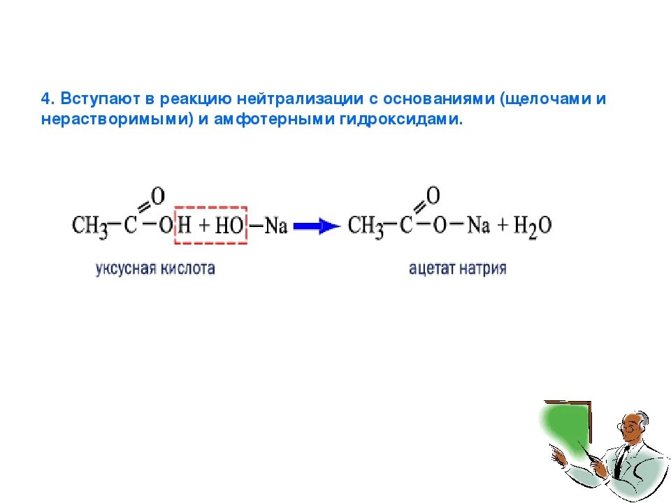 Взаимодействие уксусной кислоты со ще. Реакция карбоновых кислот с щелочами. Уравнение реакции на нейтрализацию кислоты. Взаимодействие карбоновых кислот с основаниями. Продукт реакции уксусной кислоты и натрия