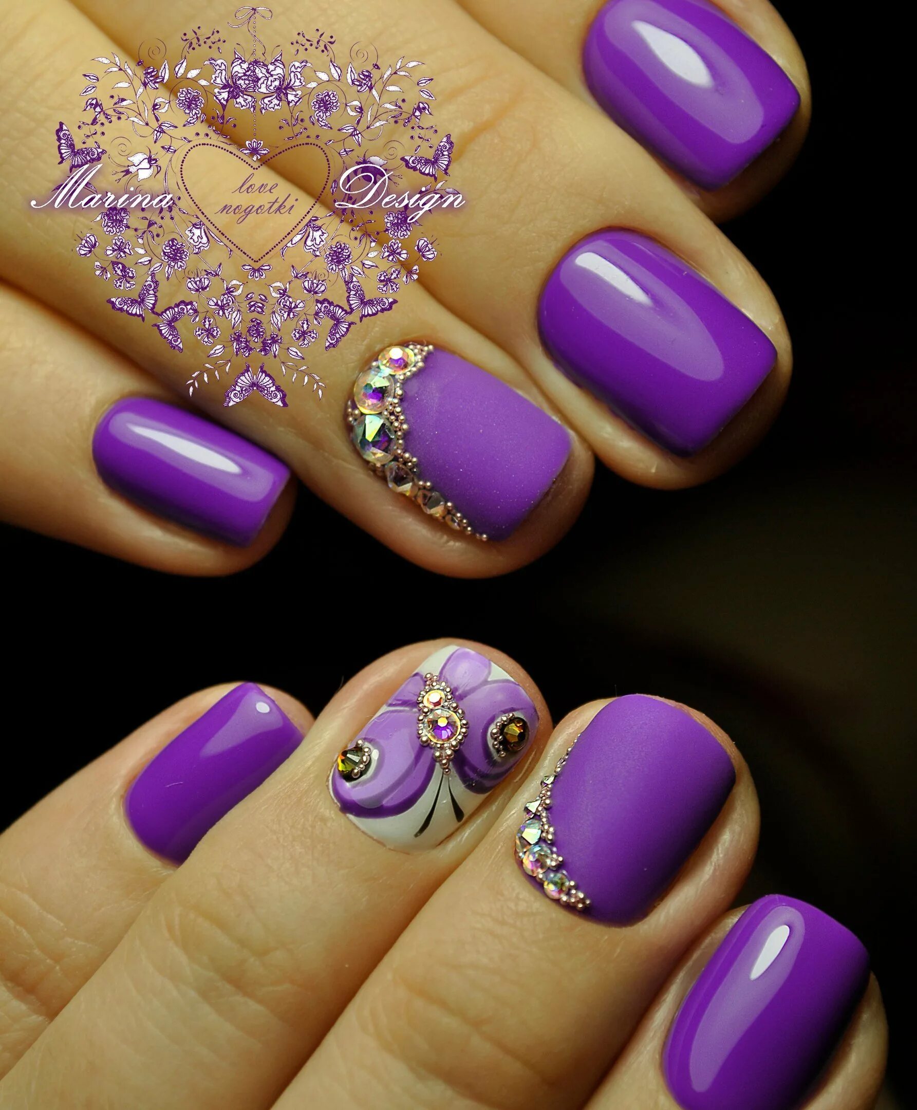 фиолетовый маникюр со. фиолетовый маникюр. ярко сиреневый маникюр на короткие ногти. маникюр с разноцветными стразами. фиолетовый маникюр на длинные ногти.