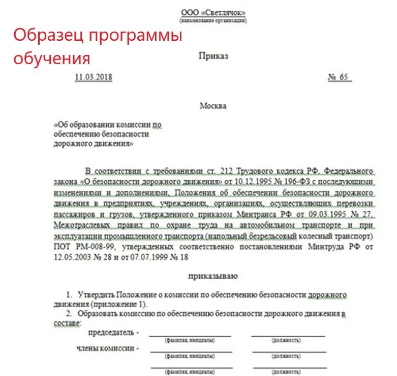 Образец программы обучения. Приказ по безопасности дорожного движения. Приказ о безопасности дорожного движения. Приказ на техосмотр. Приказ ответственного за бдд