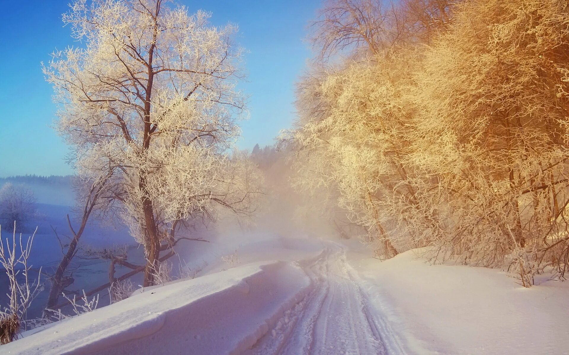 Зимний пейзаж. Светлая зима. Красивые зимние пейзажи природы. Заснеженная дорога.