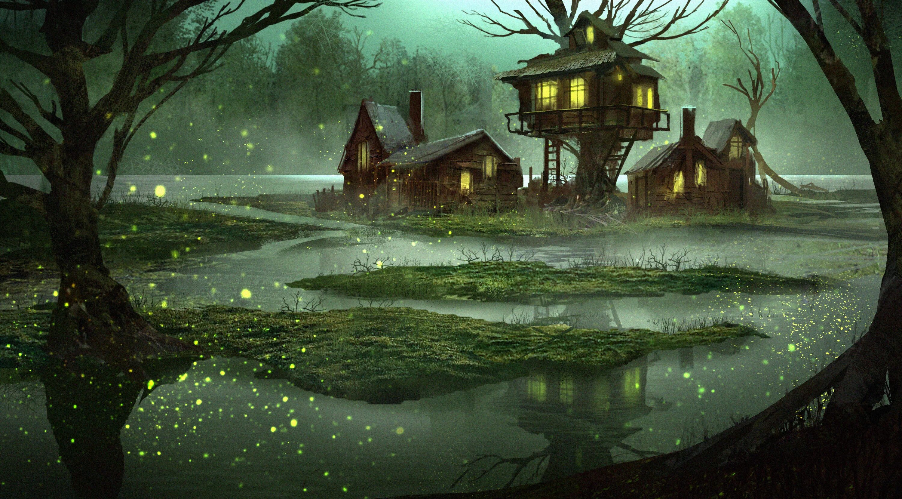 Сказочное болото. Таинственные пейзажи. Домик на болоте. Сказочный домик в лесу.