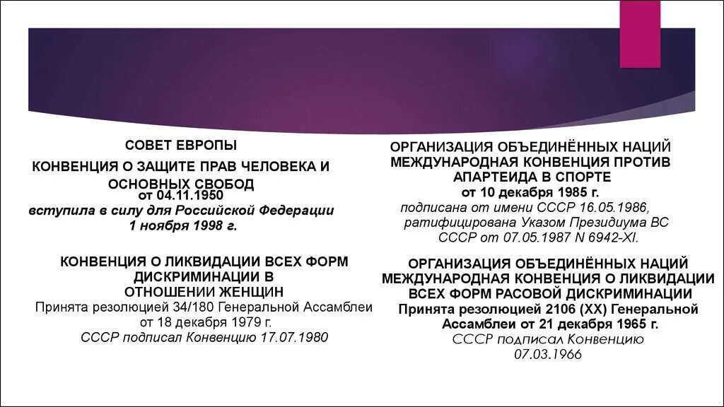 5 международных конвенций. Конвенции о защите прав человека и основных свобод от 4 ноября 1950. Конвенция о ликвидации всех форм дискриминации в отношении женщин. Конвенция о защите прав человека и основных свобод от 1950 г. Против конвенции.