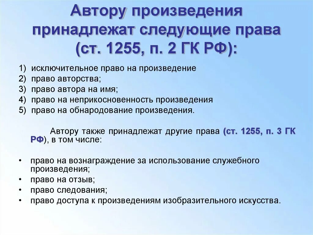 Использование произведения гк. Право автора.