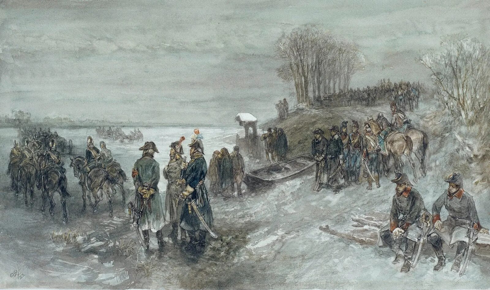 Французы мерзнут. Отступление. Замерзшие французы 1812 картина. Зарисовки отступления французской армии. Картина солдат у реки.