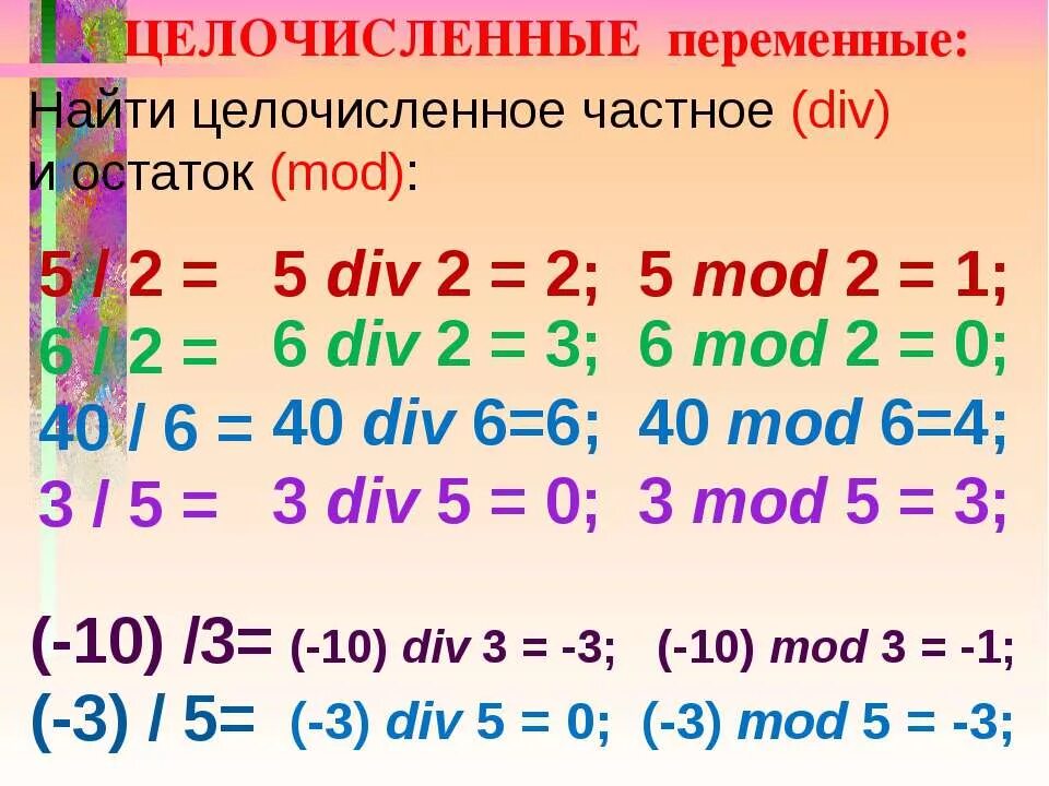 6 div 10. Div Mod. Mod в Паскале. Див и мод в информатике. Mod и div в Паскале.