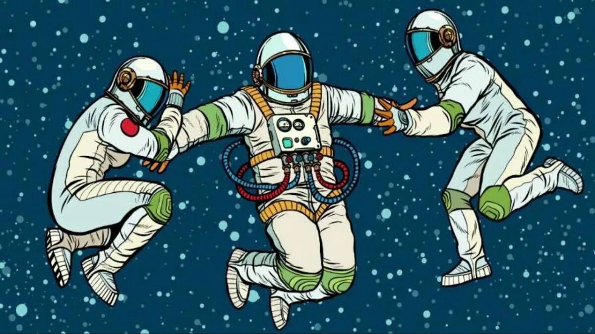 Космонавт в движении. Космонавт в невесомости иллюстрация. дружба в космосе. векторный космонавт в невесомости. три мультяшных космонавта.