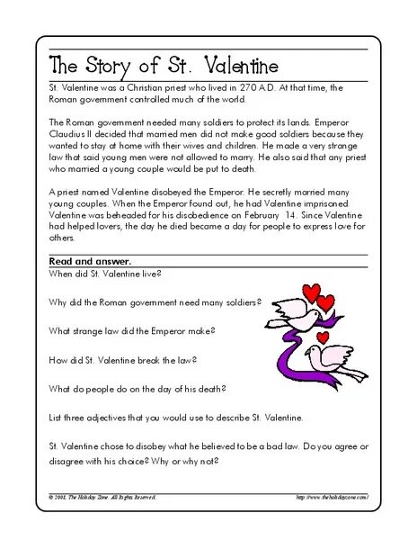 Saint Valentine's Day Worksheets. Saint Valentine's Day History. Valentine's Day story for Kids. Valentine Worksheets. Valentine s day reading