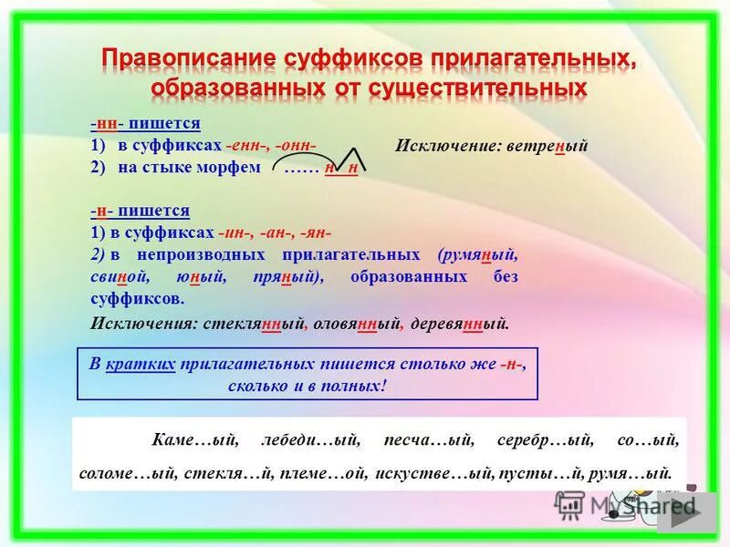 Правописание суффиксов енн. Суффиксы он Ен в прилагательных. Суффикс Енн в прилагательных. Суффикс Енн в существительных. Ин Ен суффиксы.