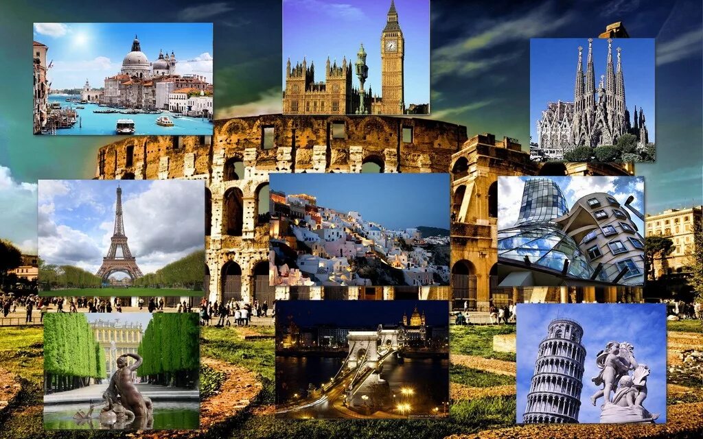 Экскурсионная европа. Путешествия по Европе коллаж. Коллаж достопримечательности. Путешествие в разные страны. Европа коллаж.