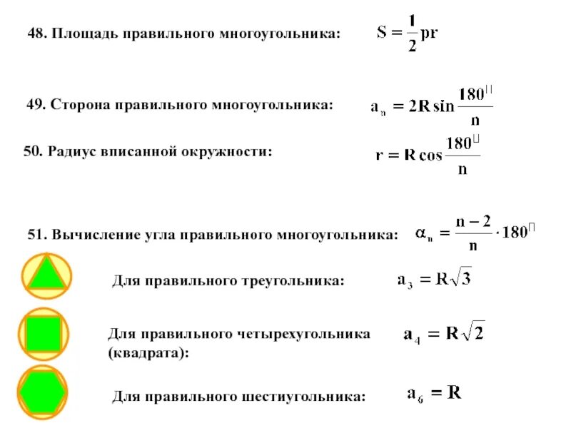 Геометрия 9 класс формула площади правильного многоугольника. Формулы для правильных многоугольников 9 класс геометрия. Площадь правильного многоугольника формула. Формулы для вычисления элементов правильного многоугольника. Радиус вписанной окружности в правильный многоугольник формула