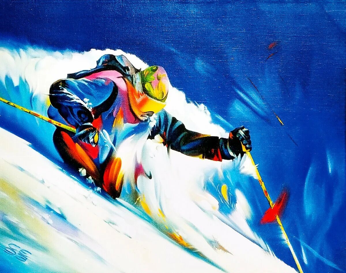 Картина лыжники. Горнолыжный спорт. Горные лыжи живопись. Живопись горнолыжный спорт. Сноубордист.