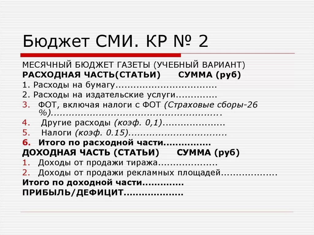 Характеристика СМИ. Бюджет СМИ. Средства массовой информации в бюджете. Месячный бюджет. Задача средств массовой информации