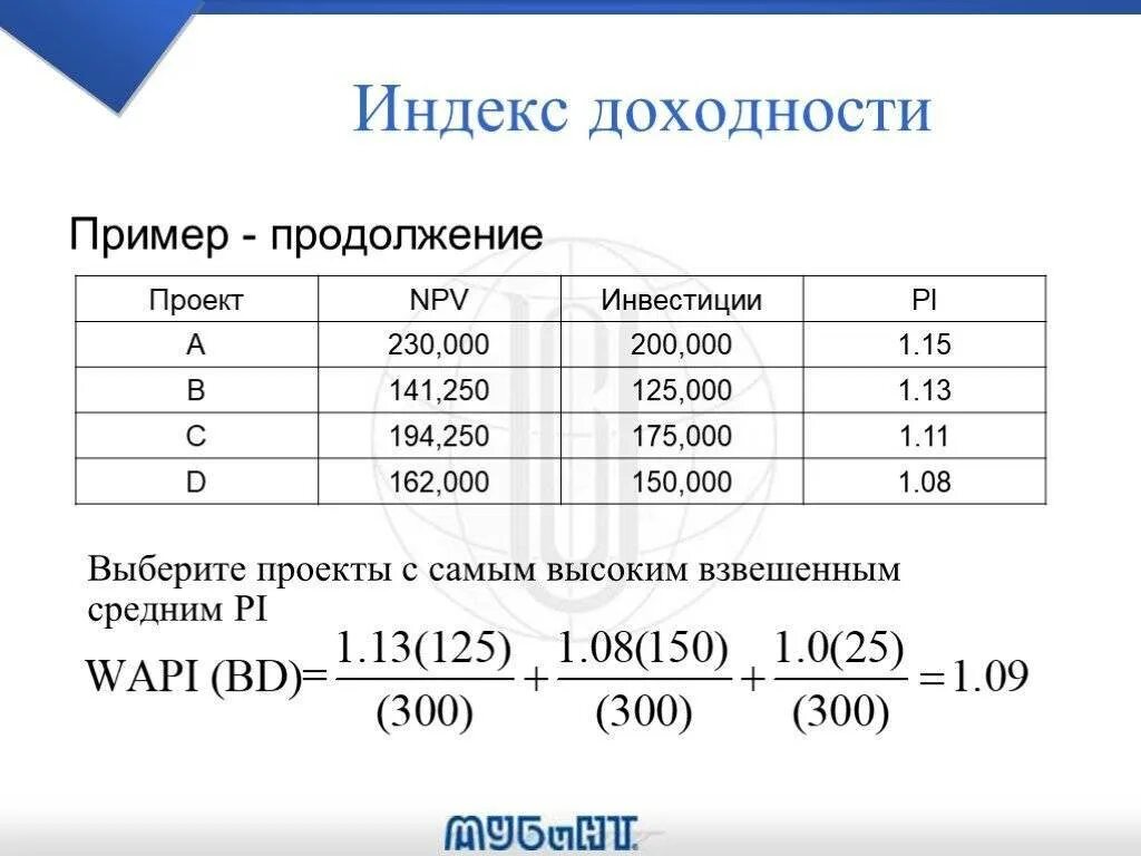 Определите индекс доходности. Индекс рентабельности инвестиций пример расчета. Формула для расчета индекса доходности. Формула расчета индекса доходности инвестиционного проекта:. Индекс прибыльности формула пример.