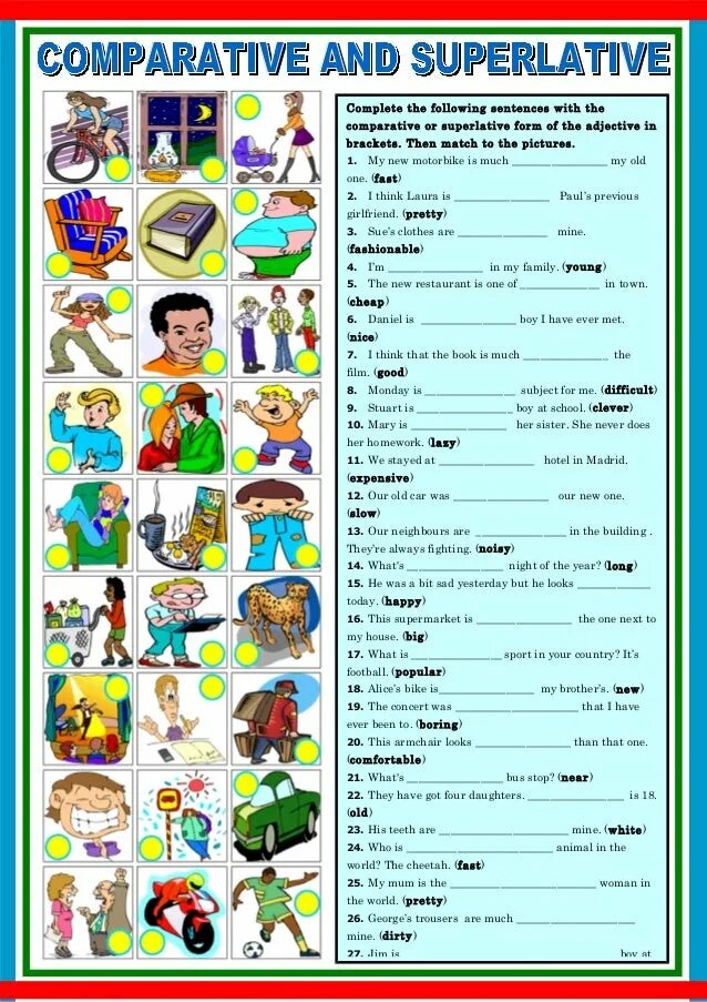 Complete the sentences with superlative forms. Comparatives упражнения. Comparisons упражнения. Comparatives Worksheets. Comparison of adjectives exercises.